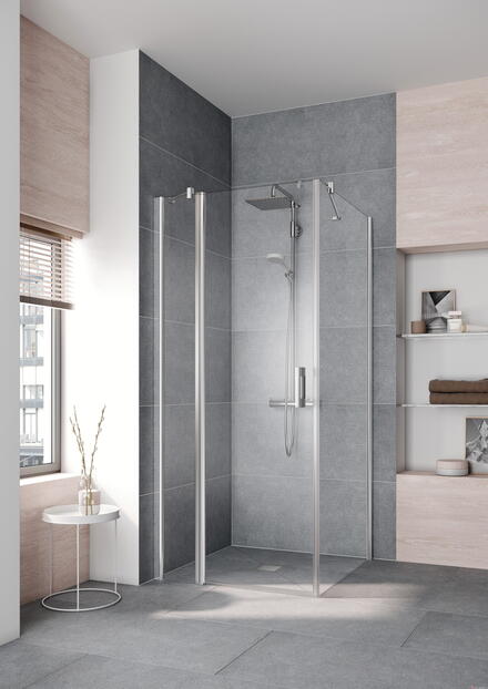 PEGA - Porte pivotante avec élément fixe pour montage en angle avec paroi fixe