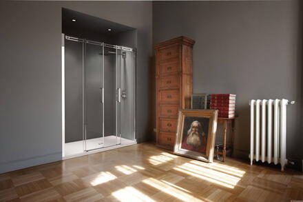 DIAMAMTI 2P - Porte à 4 panneaux (2 coulissants + 2 fixes) avec poignée métallique - Hauteur : 200 cm - Epaisseur du verre : 8 mm