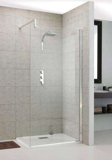 EXCLUSIVE SOLO - Espace de douche sans porte constitué d'une paroi fixe, d'un profilé mural pour fixation et d'une barre de renfort à droite - Hauteur : 200 cm - Ep. du verre : 8 mm