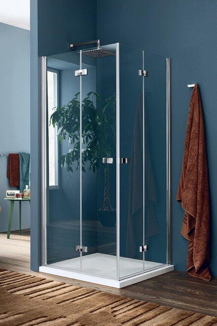 SIM 6000 - Accès d'angle portes battantes à ouverture totale vers l'intérieur et vers l'extérieur et parois fixes - Hauteur : 195 cm - Ep. du verre : 6 mm
