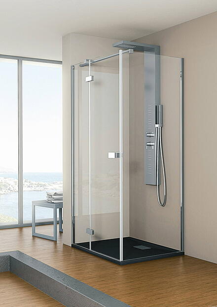 KINESTYLE - Accès d'angle composé d'une porte pivotante sans seuil avec une partie fixe et d'une paroi fixe en retour - Hauteur : 200 cm - Ep. du verre : 8 mm