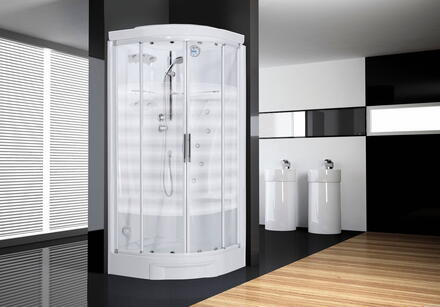 NEW HOLIDAY R90 - Cabine de douche 1/4 de rond hydromassante 2 portes coulissantes avec parois fixes + coiffe Hammam et douche zénithale - Hauteur : 206 cm - Ep. du verre : 3 mm (coulissant) 4 mm (paroi fixe)