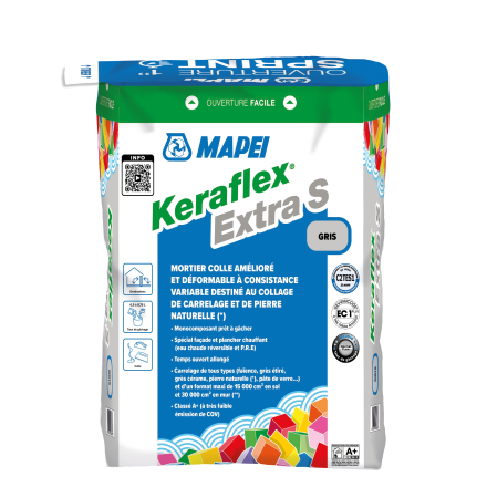 KERAFLEX EXTRA S - Mortier colle amélioré et déformable C2S1 TE/C2S1 EG, à consistance variable (normale ou fluide), destiné à la pose de carrelage en sol et mur int/ext