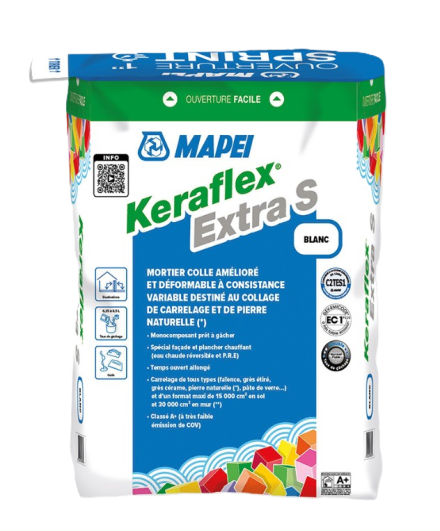 KERAFLEX EXTRA S - Mortier colle amélioré et déformable C2S1 TE/C2S1 EG, à consistance variable (normale ou fluide), destiné à la pose de carrelage en sol et mur int/ext