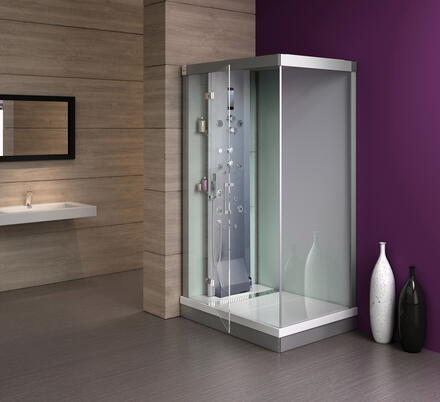 KINEDOUCHE 4000 - Cabine de douche rectangulaire à porte pivotante avec pompe à forte pression ( débit 20-24 L/min) pour un massage puissant - Ep. du verre : 6 mm
