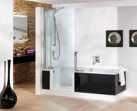 TWINLINE 2 - Baignoire en acrylique renforcé au polyuréthane avec paroi de douche et porte d'accès - Ep. du verre 8 mm