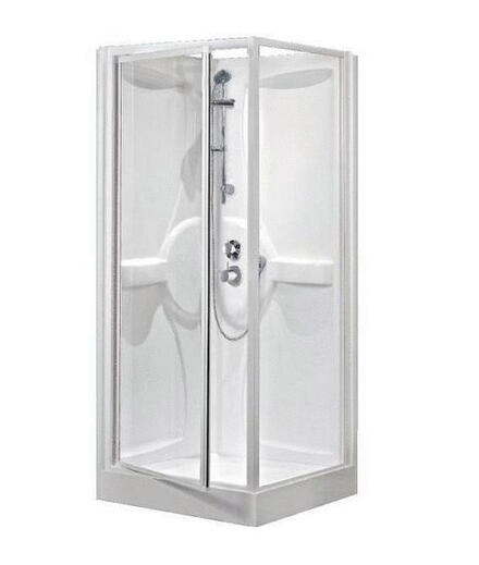 MEDIA - Cabine porte G en niche + paroi fixe en verre de sécurité trempé, montage sans silicone, profilé Blanc antibactérien.
