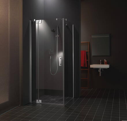 FILIA XP - Porte pivotante avec 2 éléments fixes et 1 paroi fixe en retour avec mécanisme de relevage à l'ouverture et fermeture magnétique - Hauteur : 185 cm - Ep. du verre : 6 mm