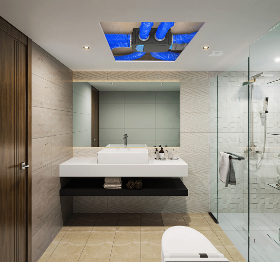 Salle de bains équipée d’un système de ventilation Atlantic Hygrogenius favorisant une bonne qualité de l’air intérieur.