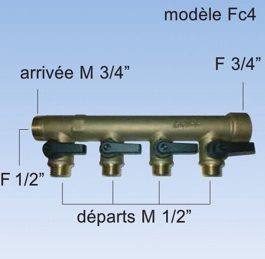 Collecteur 3 sorties - MF 3/4 - Avec vanne M 1/2 - Riquier